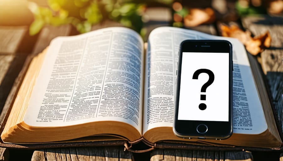 Bible open to a passage alongside a phone showing an interactive Bible quiz