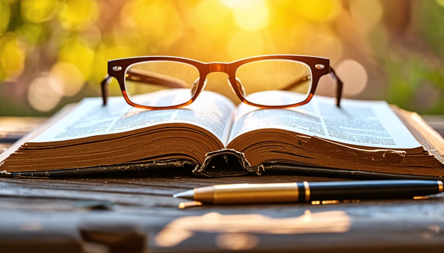 Bible study tools including open Bible, glasses and pen