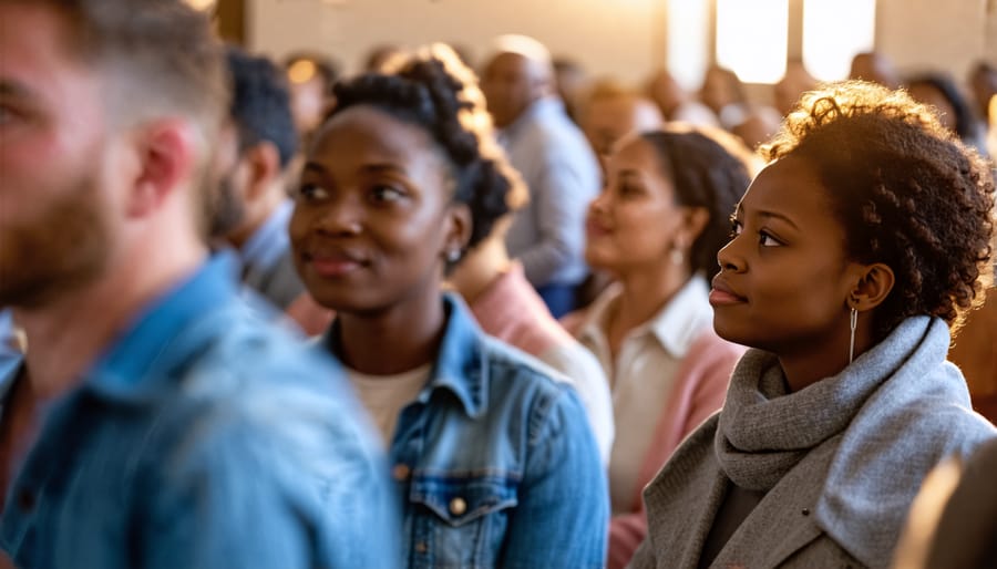 Multiracial church members embracing and worshipping together