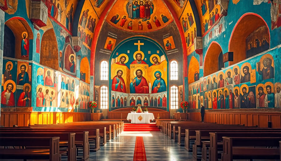 Ornate interior of Eastern Orthodox church featuring traditional iconography and architectural elements