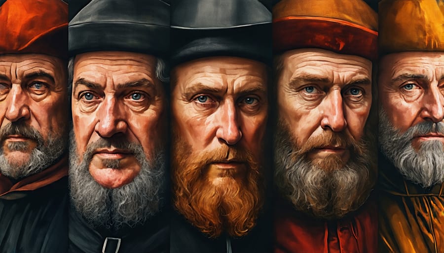 Historical portraits of key figures in the Protestant Reformation, including Martin Luther and John Calvin