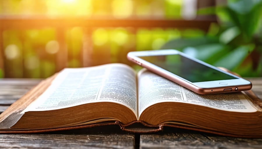 Bible with digital devices representing access to spiritual resources