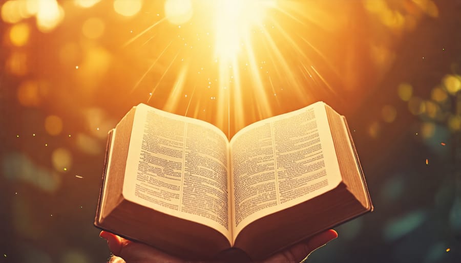 Hands holding an open Bible with light shining from its pages