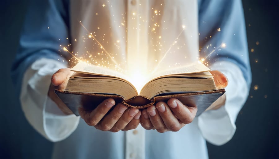 Hands holding an illuminated Bible, representing spiritual insight gained through prayer