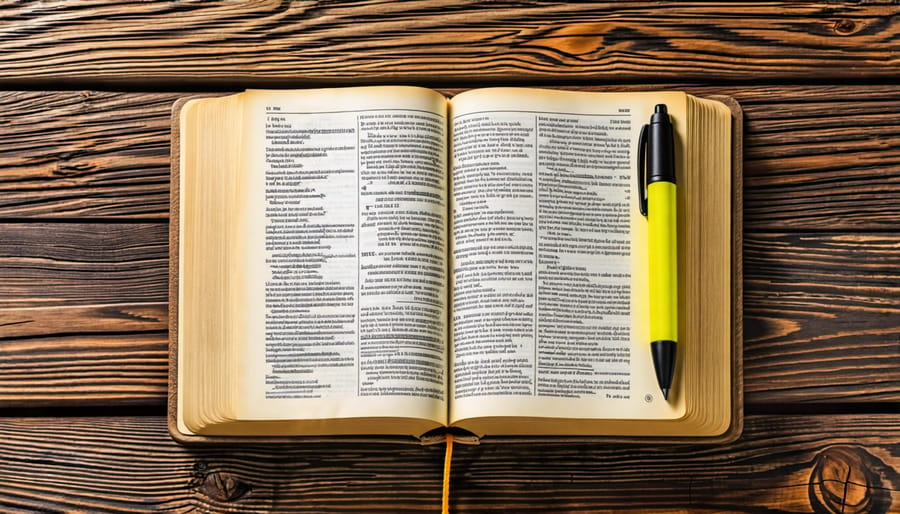 Open Bible with study tools on a desk