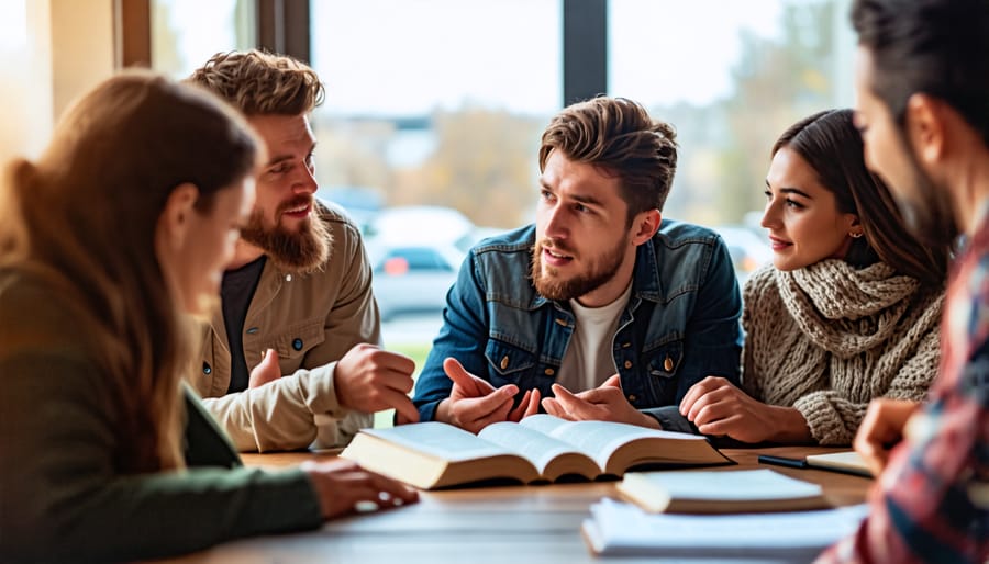 Small group of individuals studying the Bible together and having a discussion