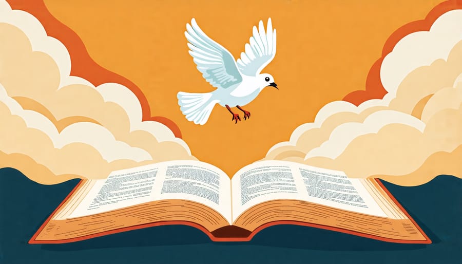 An open Bible with a white dove soaring above its pages