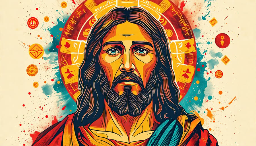 Jesus' face at the center of a collage featuring diverse cultural symbols and icons