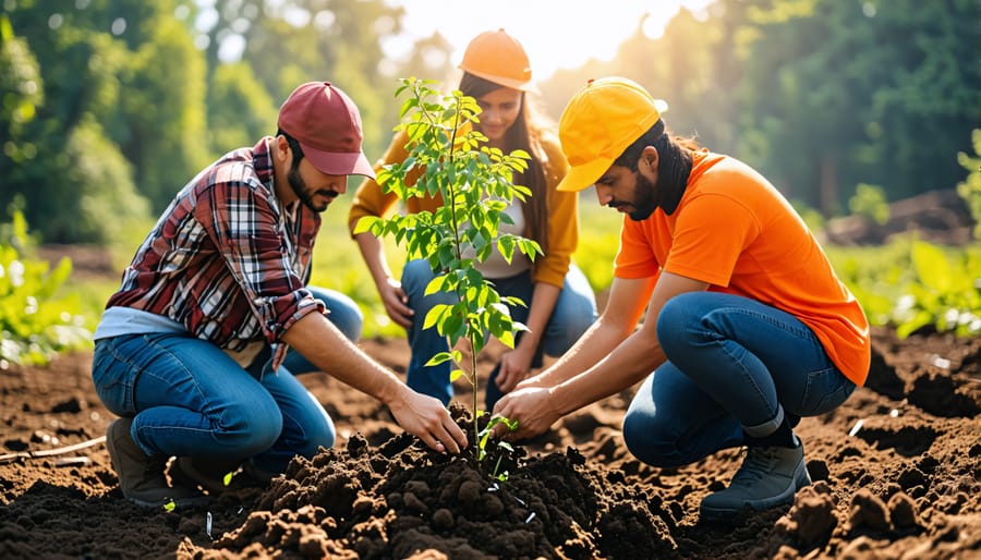 Community members collaborating to reforest a damaged landscape