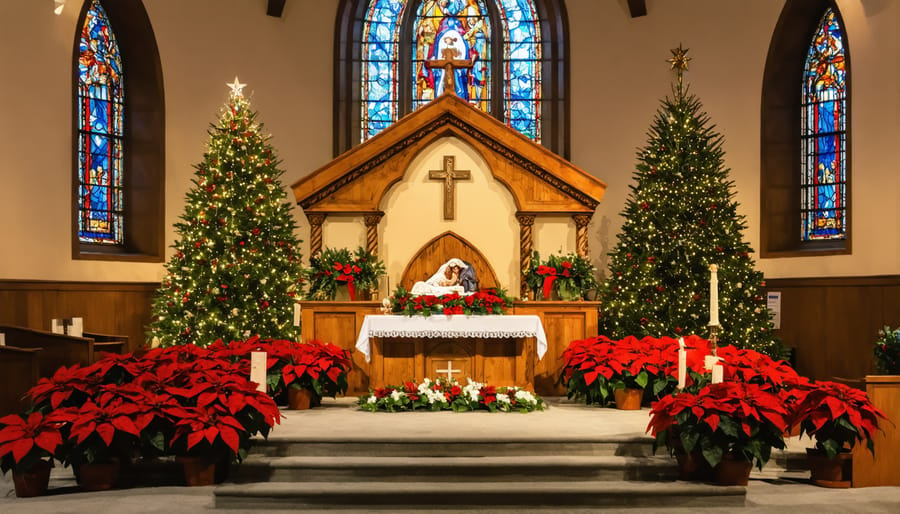 Christmas church altar displaying the Nativity of Jesus Christ