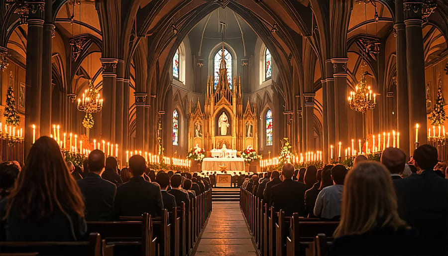 Congregants attending a Christmas Eve midnight mass service in a candlelit church