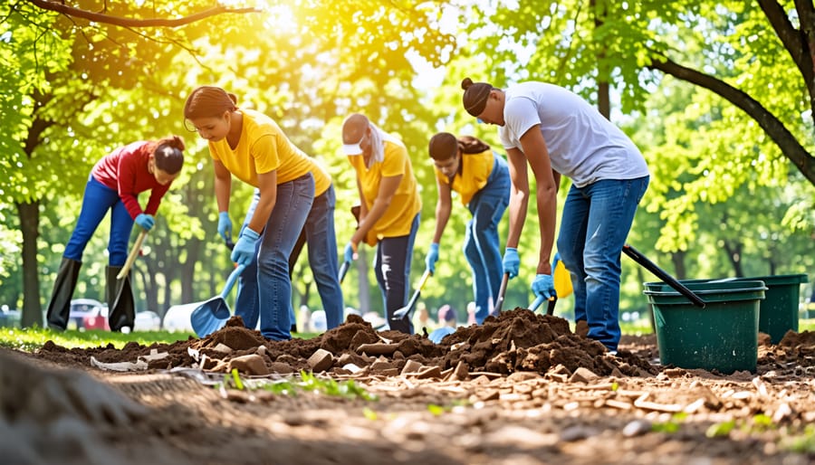 Community members, including church groups, engaged in a park clean-up activity