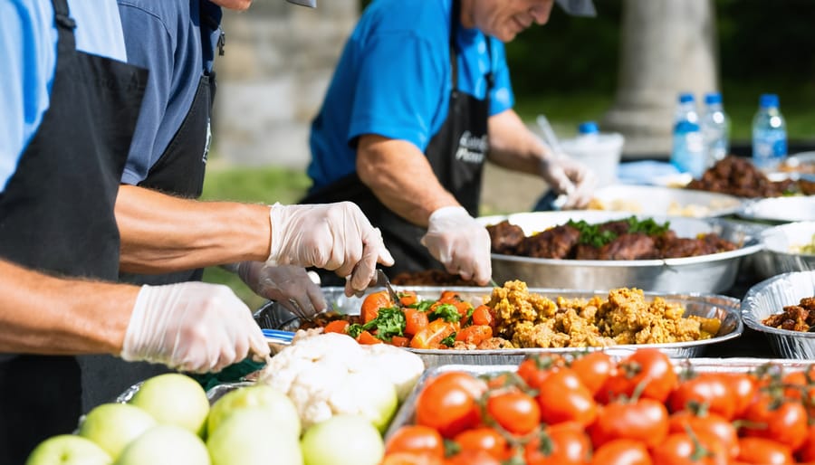 Smiling church members distributing meals to people in need at a local park