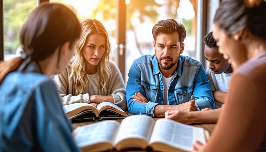 Community Bible study group discussing scripture