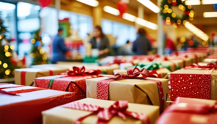 Gift packages stacked for distribution at a community center on Christmas Eve