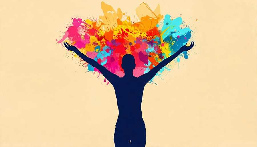 Person with arms raised in praise, colorful creative energy flowing from them