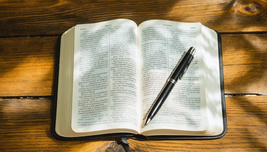 Open Bible, pen, and journal on a table, representing daily Bible study