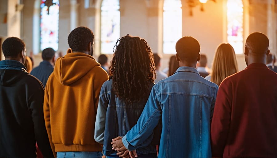 People of different races holding hands in prayerful unity