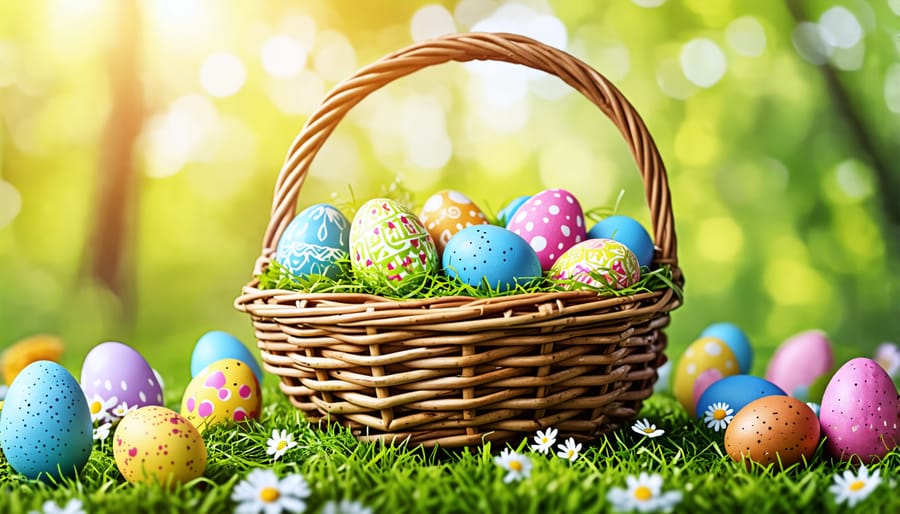 An Easter basket filled with colorful eggs, chocolate bunnies, and an assortment of freeze-dried candies, offering a blend of traditional and modern treats