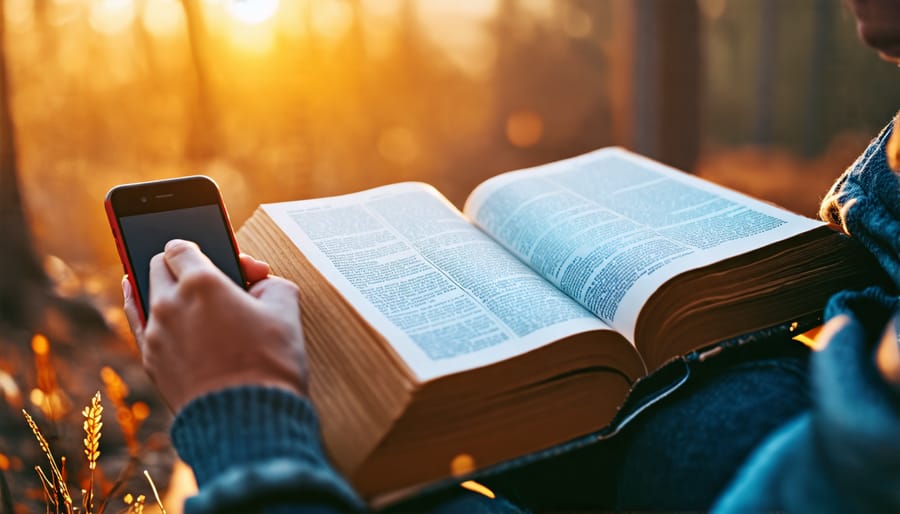 Person reading the Bible with a smartphone nearby, representing the integration of faith and digital life