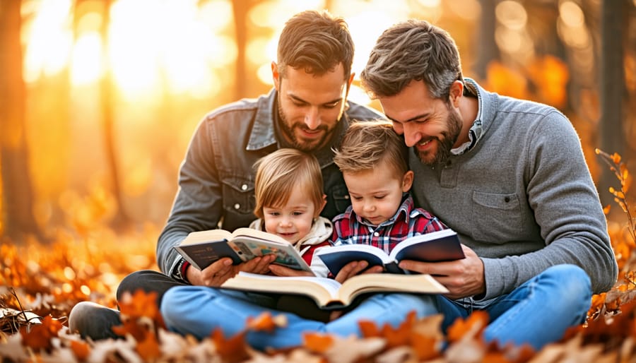 Family reading the Bible and using a tablet together, showcasing harmonious technology use