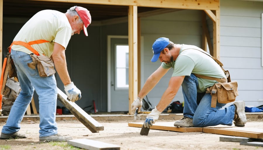 Volunteers working together to construct a house as part of a faith-based housing initiative