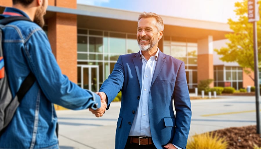 A religious leader and non-profit director shaking hands to symbolize partnership in helping the community