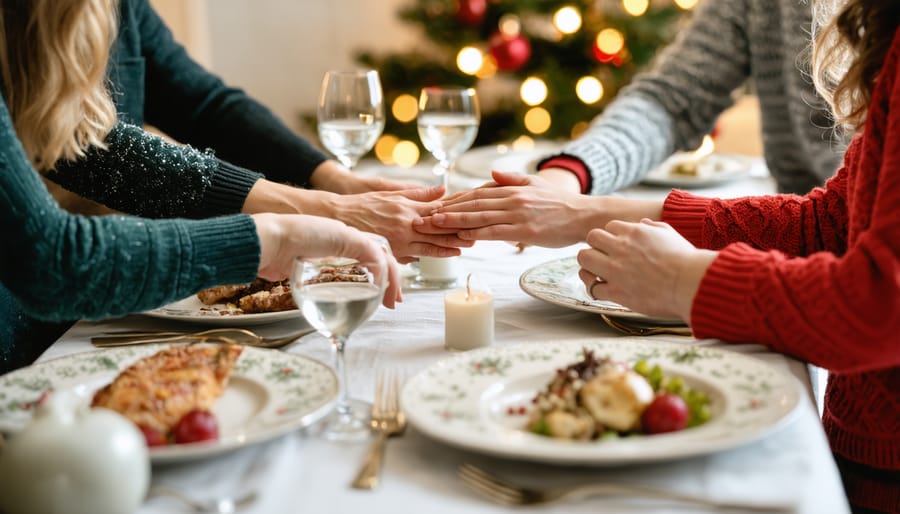 Christian family praying together before Christmas meal