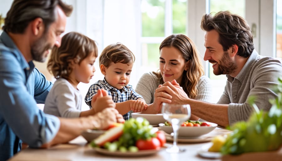 A family of four holding hands and praying around a dining table