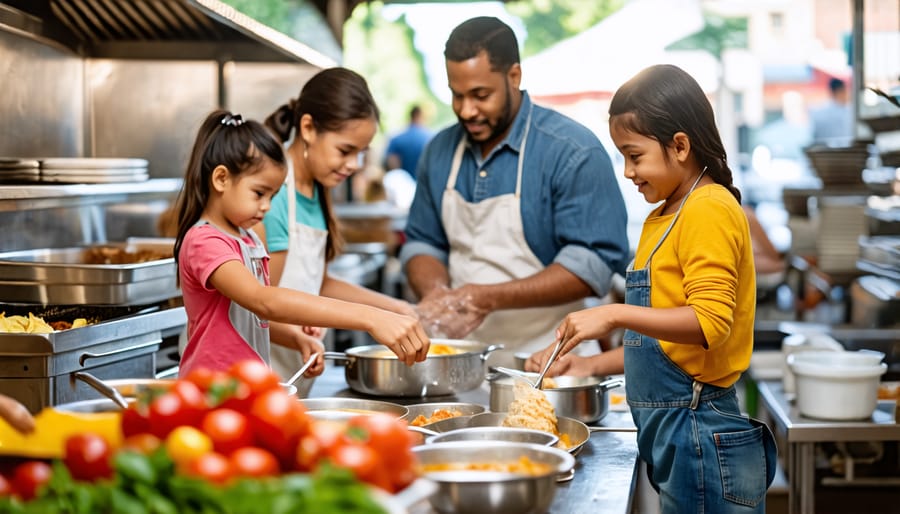 Family volunteering at a soup kitchen, serving food to community members