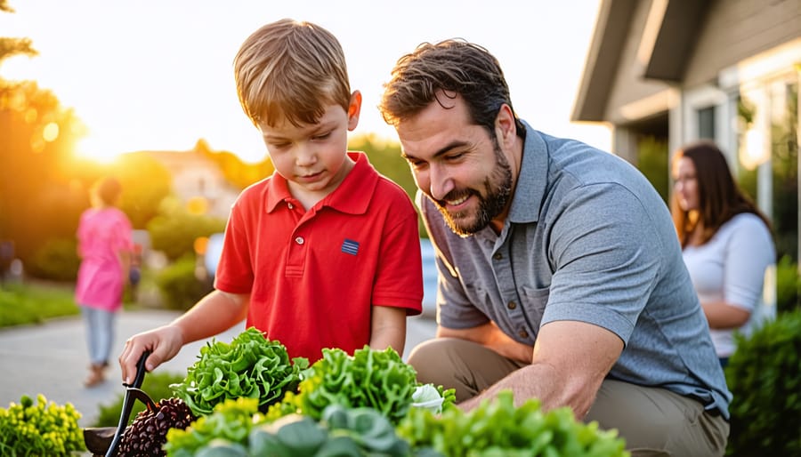 Father and young adult son volunteering together and living out their faith