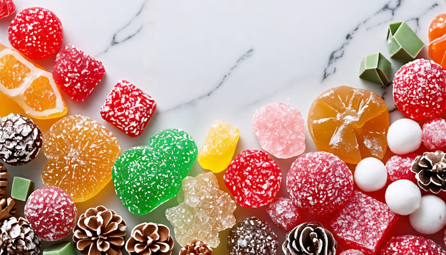 A variety of colorful freeze-dried candies presented in a decorative bowl, enhancing a holiday celebration atmosphere