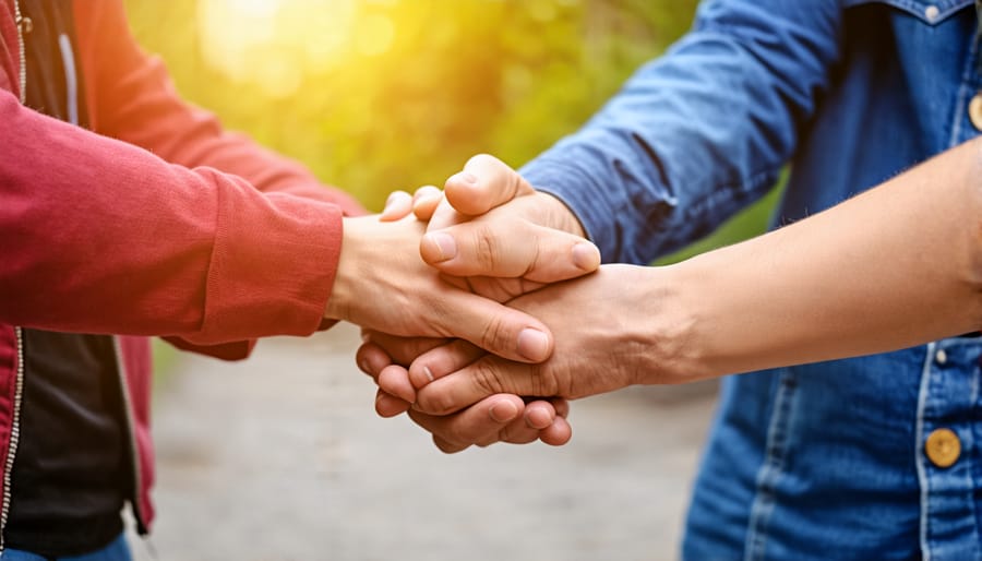 A group of individuals holding hands in a circle, symbolizing community support and shared faith in therapy sessions