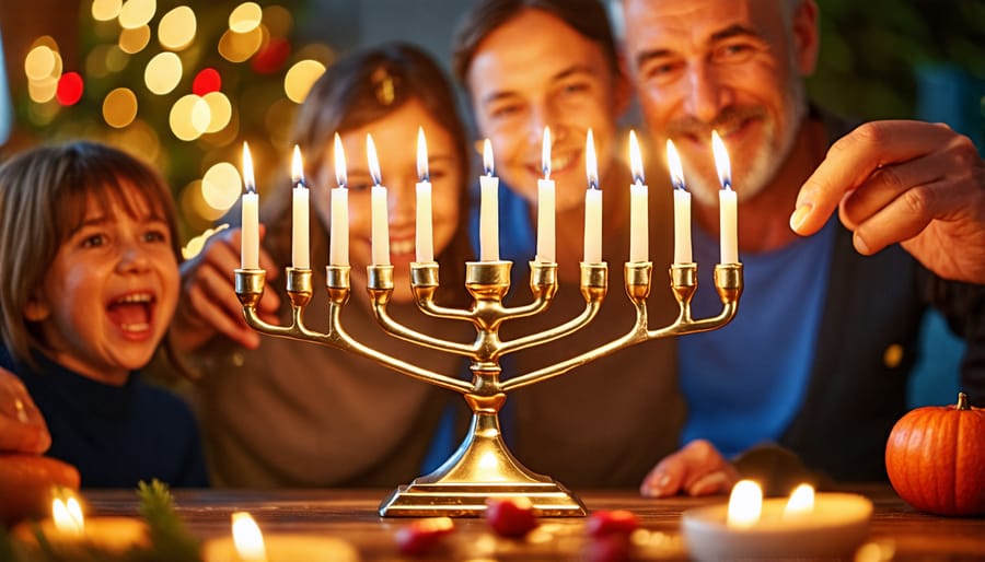 A Jewish family gathered around a lit menorah during Hanukkah celebrations