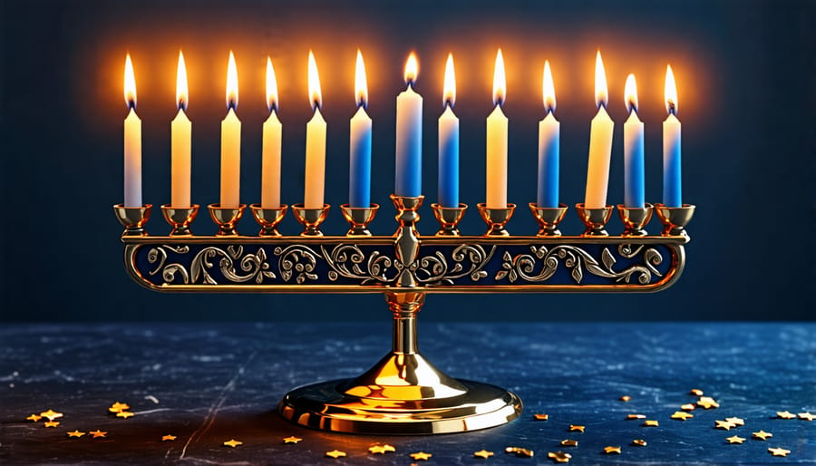 A fully lit Hanukkah menorah on a windowsill during the night.