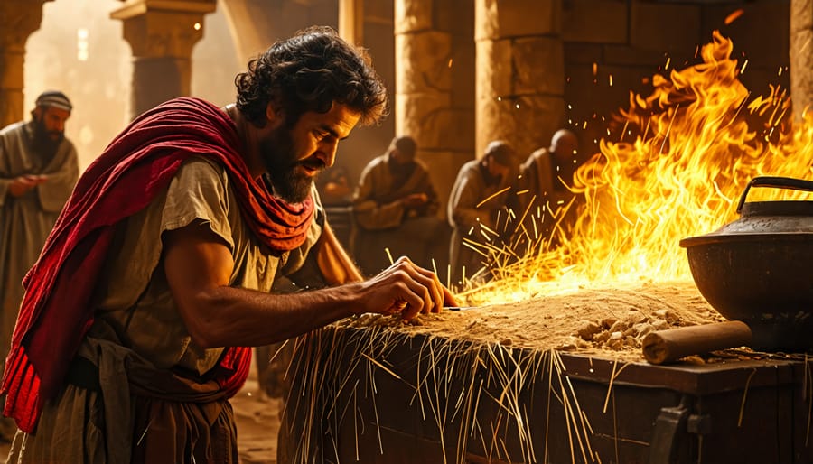 Illustration of divinely gifted artisans creating sacred objects for worship