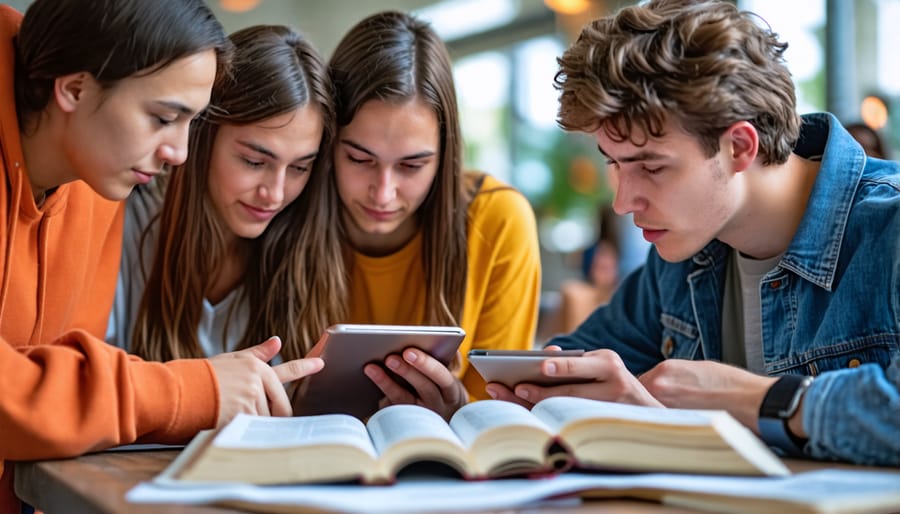 Young people participating in a Bible study session with devices and books.