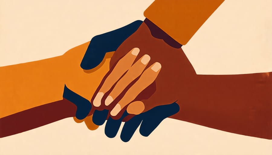 Diverse hands clasped together, representing unity achieved through interfaith dialogue