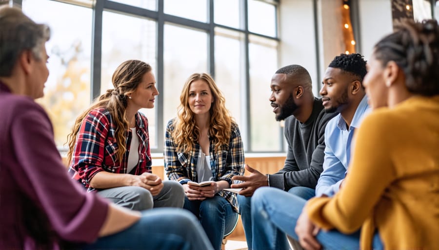 Church members of various ages sitting in a circle sharing and interacting