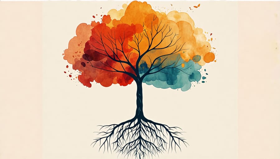 Illustration of a tree with roots linking people of different ages, symbolizing intergenerational connection