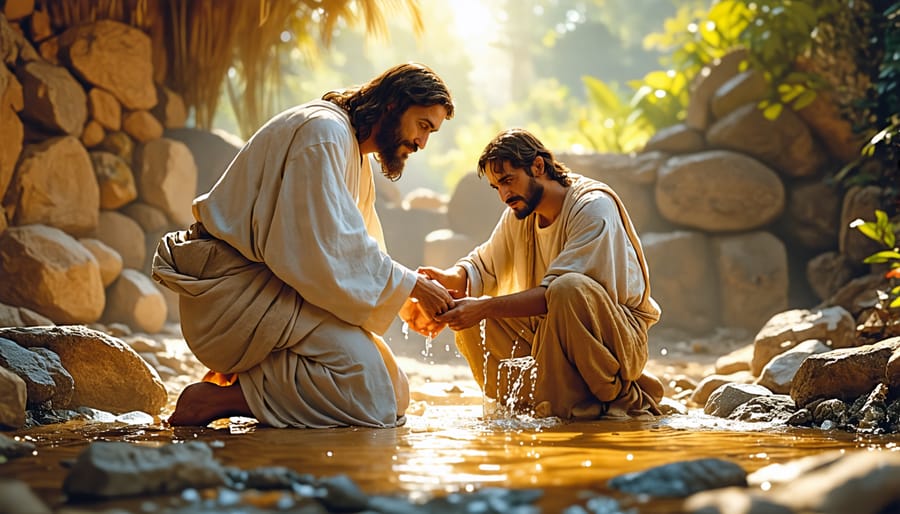 Jesus demonstrating humility and servanthood by washing his disciple's feet