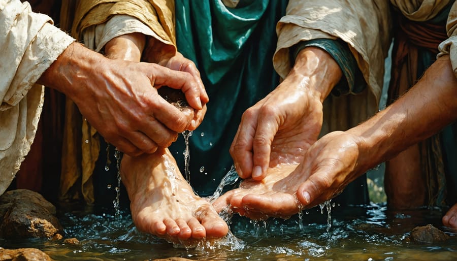 Jesus demonstrating humility and service by washing his disciples' feet