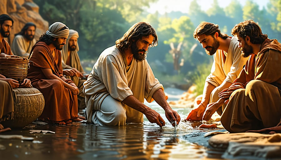 Jesus demonstrates servant leadership by washing the disciples' feet