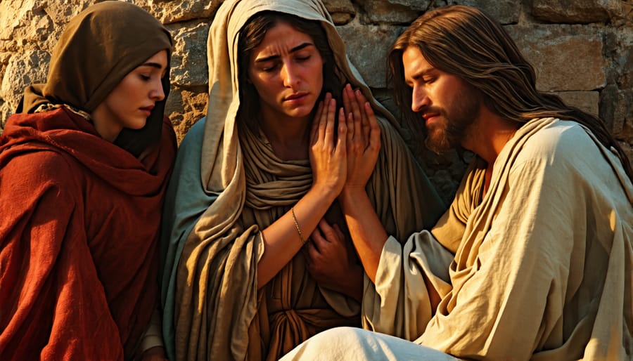 Jesus showing compassion and grieving with Mary and Martha