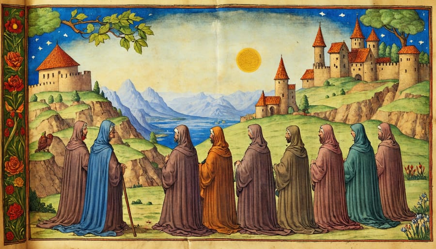 Illustrated scene of medieval monks engaged in daily activities