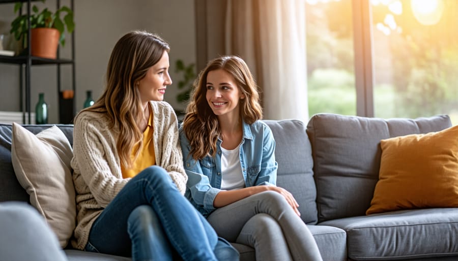 Mother and young adult daughter having a heartfelt conversation on the couch