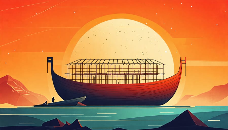 An artistic rendition showing the construction of Noah's Ark with workers and primitive tools