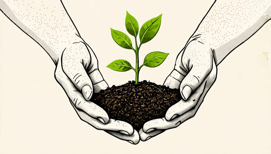 Hands cradling soil with a young seedling, symbolizing compassion and stewardship.