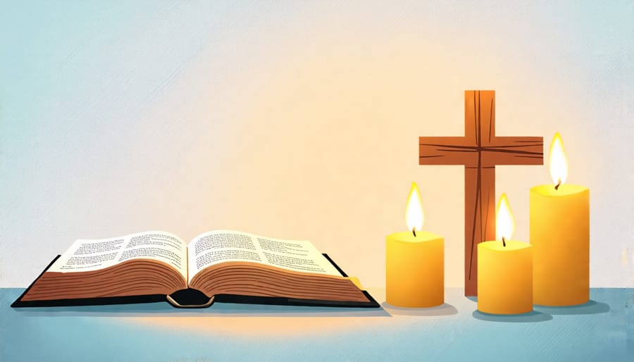 An open Bible with a cross beside it, surrounded by lit candles, representing the integration of faith and spirituality in therapy