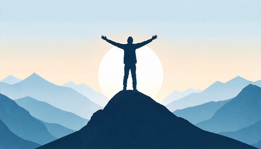 Silhouette of a person on a mountain peak at sunrise, symbolizing overcoming trials and growth